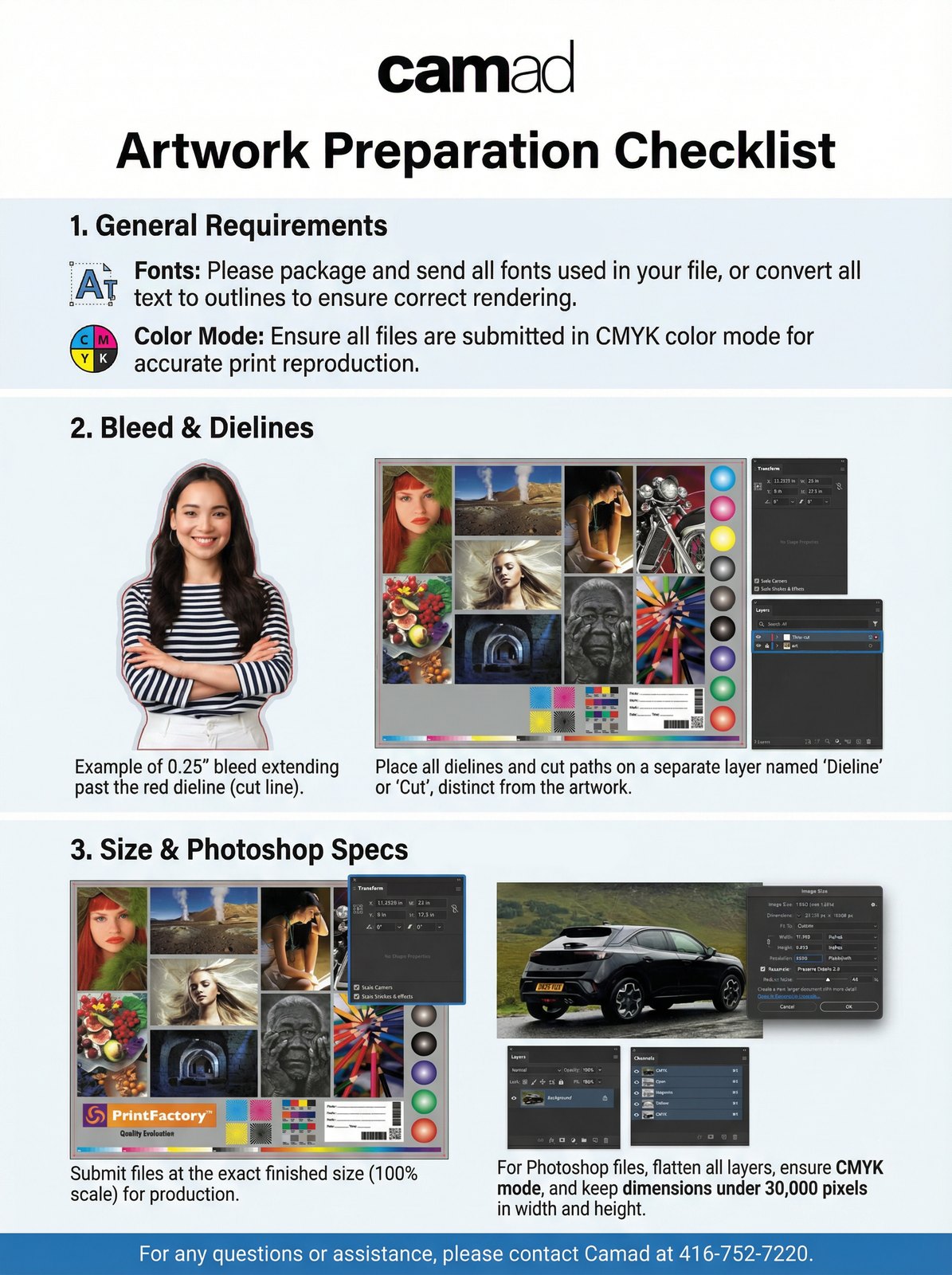 CAMAD Artwork Preparation Checklist - fonts, colour mode, bleed, dielines and Photoshop specs